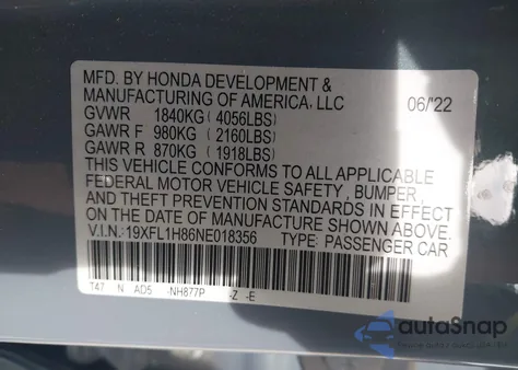2022 Honda Civic Sport Touring from USA, damaged, VIN 19XFL1H86NE018356